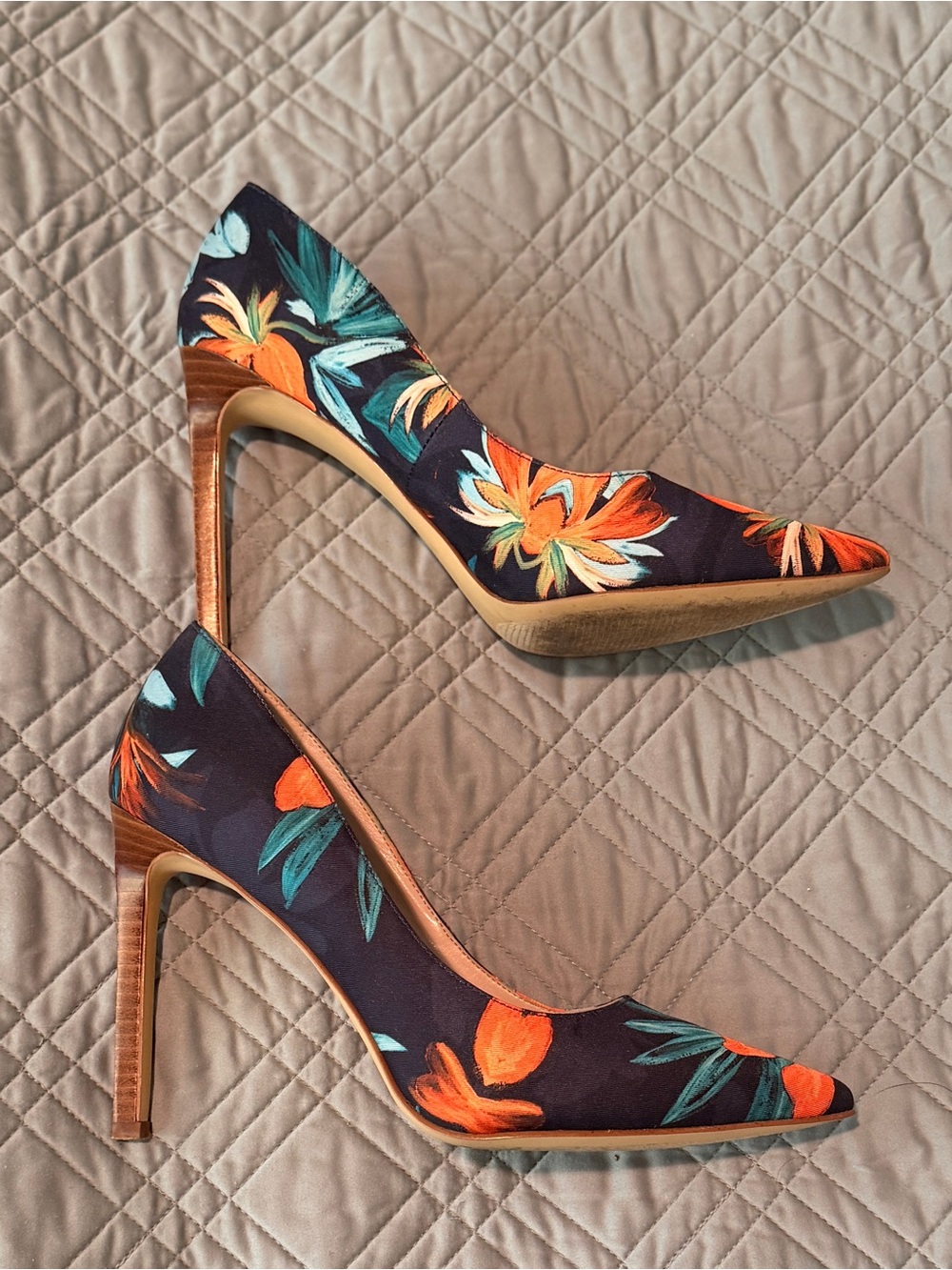 Nine West Navy Floral Pointed-Toe Pumps with Orange Accents - Picture 3 of 9